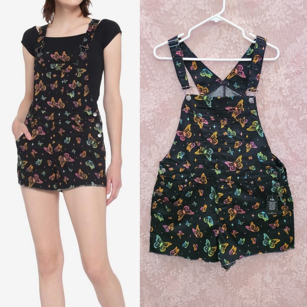 New Hot Topic Rainbow Butterfly Black Denim Overalls Shortall Butterflies Size L